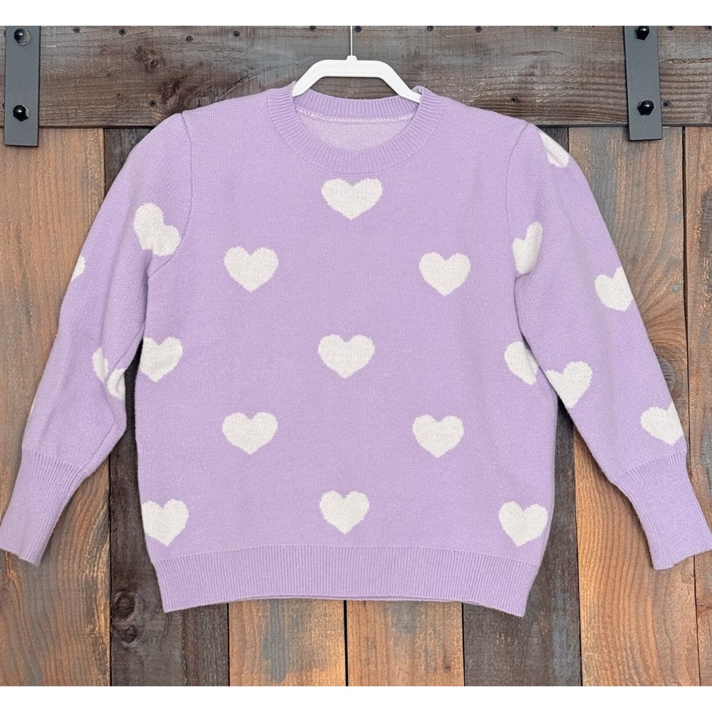 Lavender Purple White Hearts Sweater Women's Large Heavyweight